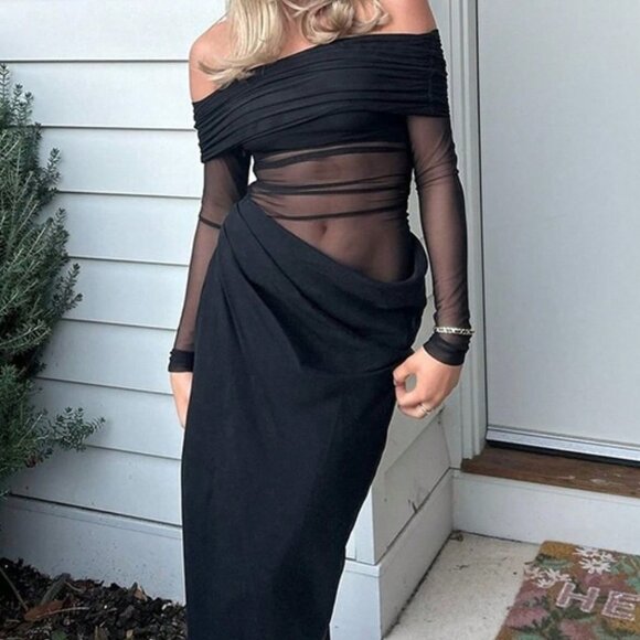 Black Elegant Women's Off-Shoulder Mesh Hollow-Out Long Sexy Bodycon Dress - Picture 4 of 7